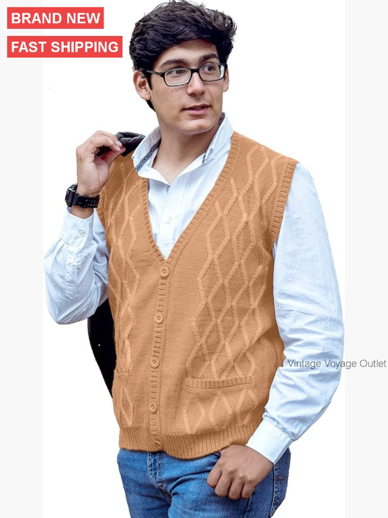 Men's Alpaca Wool V-Neck Argyle Cardigan Vest, Relaxed Fit, Pockets